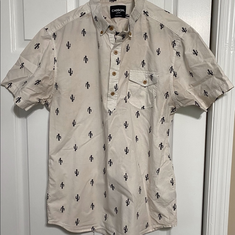 Carbon Mens Pullover Shirt Size Large White Cactus Short Sleeves Collar Pocket
